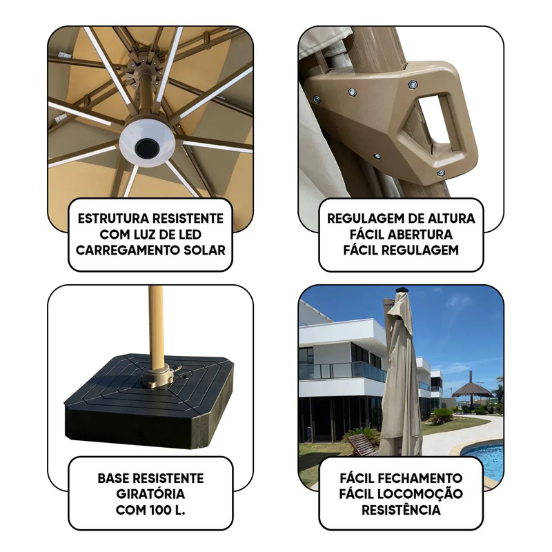 Ombrelone Guarda Sol Gold Led Alumínio 3,0 x 3,0 C/ Base em 100 L