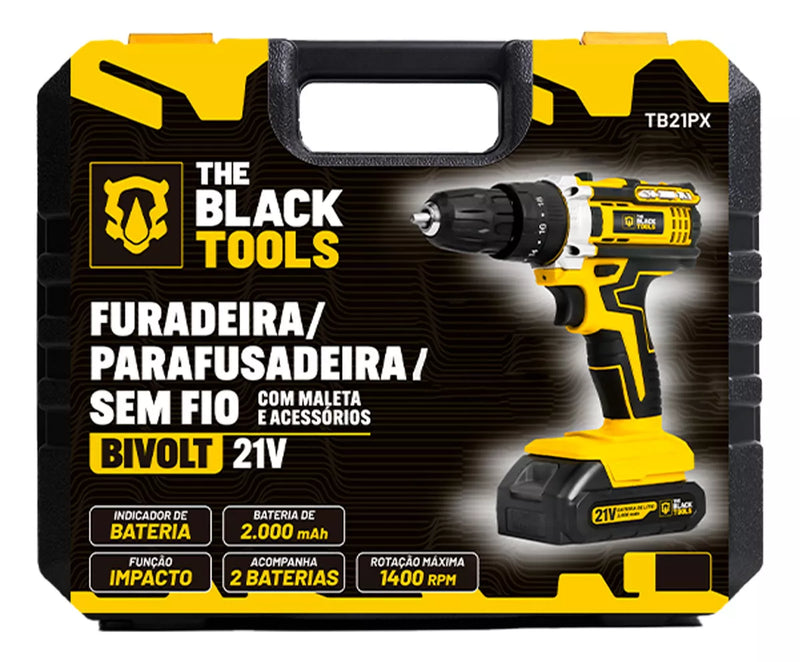 Parafusadeira Furadeira De Impacto Profissional 21v Modelo TB-21PX 2 Baterias Com Maleta The Black Tools 127/220V 60Hz Amarelo