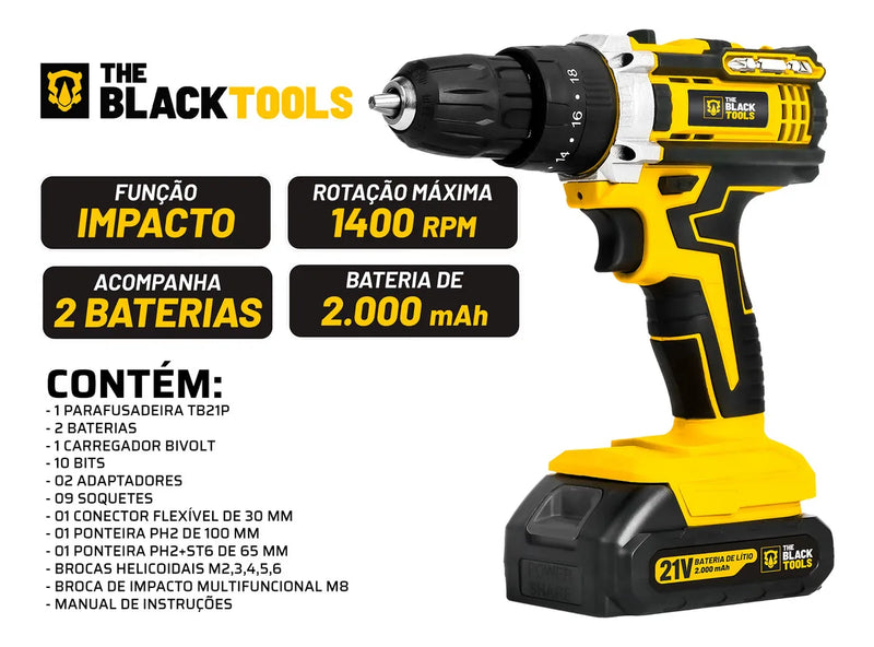 Parafusadeira Furadeira De Impacto Profissional 21v Modelo TB-21PX 2 Baterias Com Maleta The Black Tools 127/220V 60Hz Amarelo