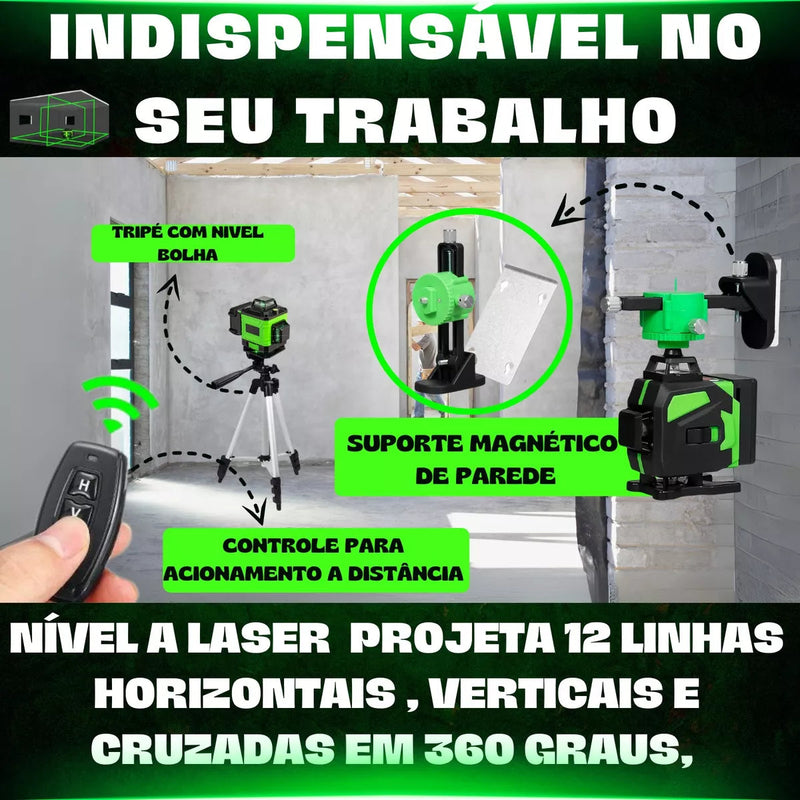 Kit Nível Laser Verde 12 Linhas 40m com Tripé + Esquadro + Suporte -  Recarregável