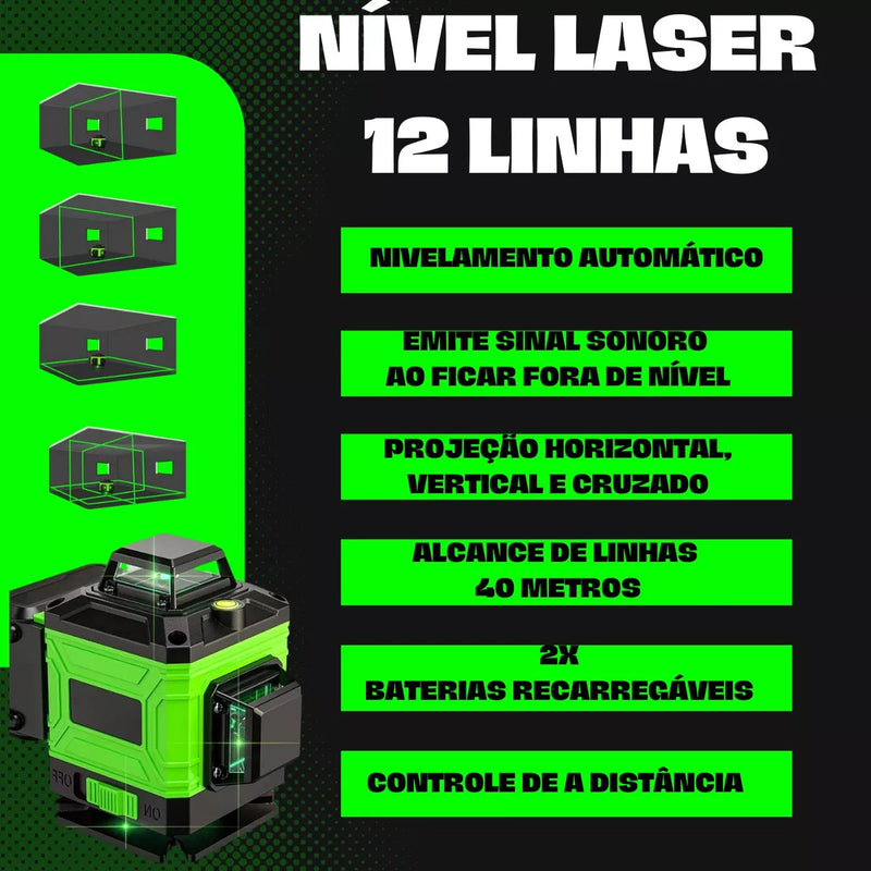 Kit Nível Laser Verde 12 Linhas 40m com Tripé + Esquadro + Suporte -  Recarregável